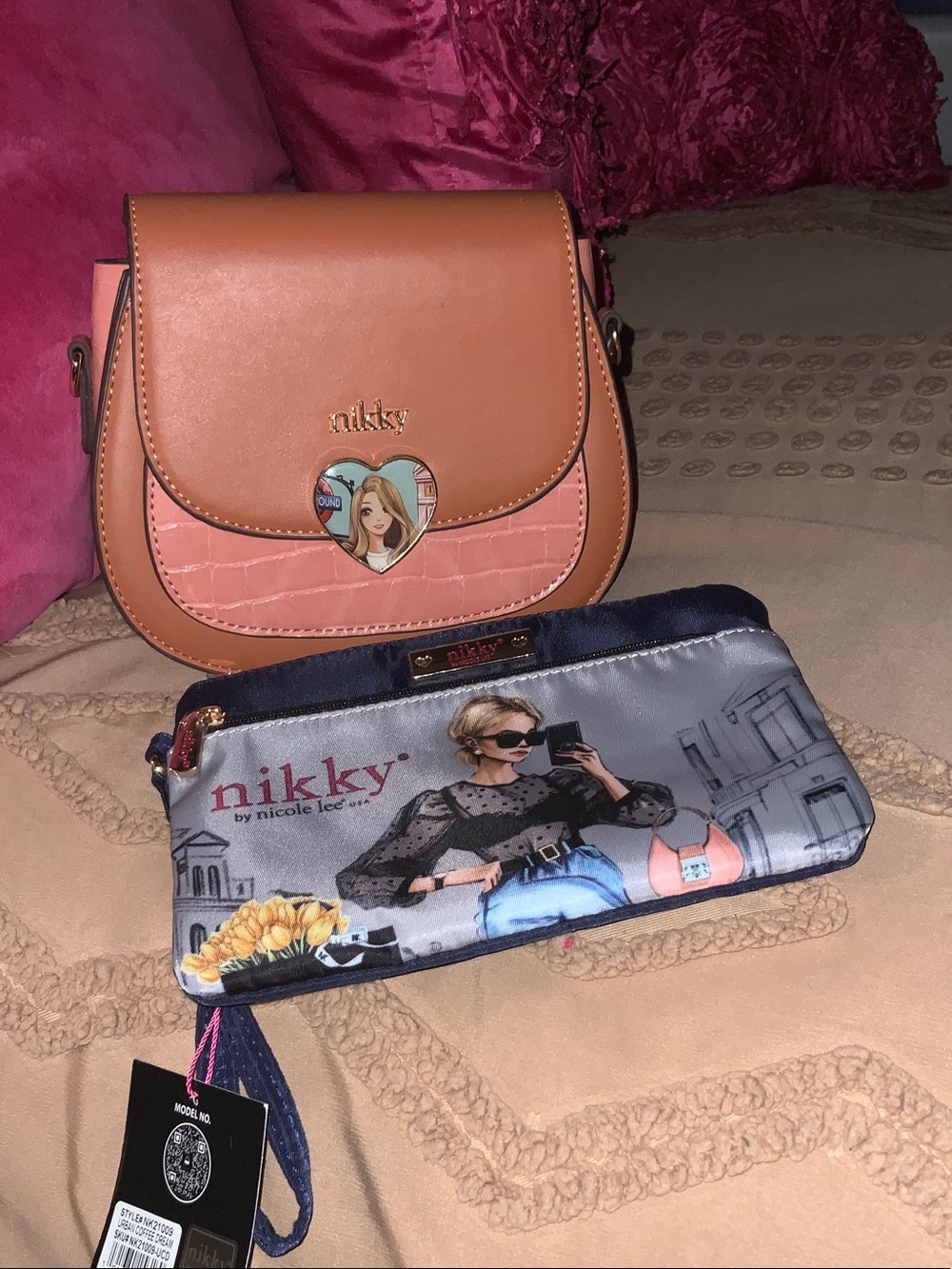 Tan and Pink Crossbody Bag with Matching Pouch